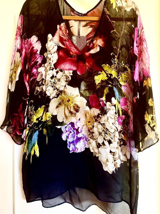 Roberto Cavalli Tops - Roberto Cavalli NWT Black Floral Sheer Silk Chiffon Tunic Blouse V-Neck Size 46